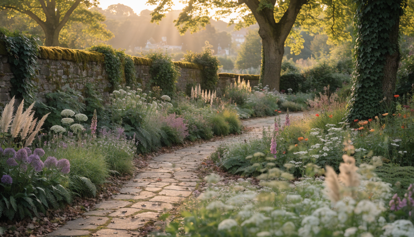 Lush English garden at golden hour with layered perennial plantings, stone pathways, and warm filtered light