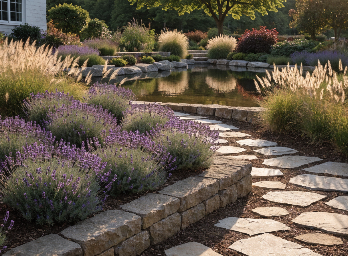 Beautifully landscaped garden with terraced planters, lavender, and stone stepping stones after renovation