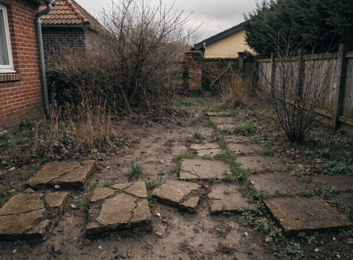 Garden before renovation: bare compacted soil and broken paving slabs